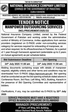 National Insurance Company Limited Karachi Tender Notice